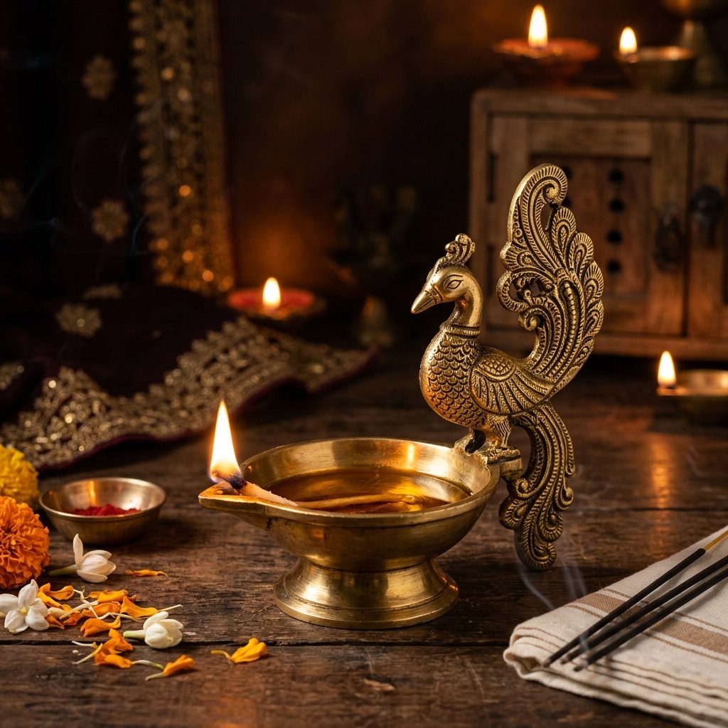 Pure Brass Diya with Peacock Handle (Handcrafted)
