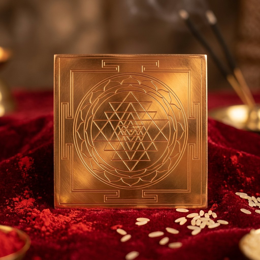 Golden Shree Yantra Copper Plate (3x3 inch, Energized)
